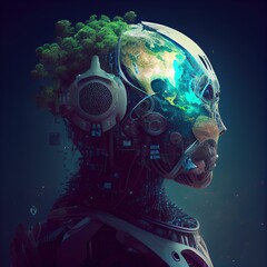 Obraz na płótnie Canvas Cyborg head profile nature theme on isolated background