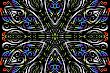 Beautiful caleidoscope symmetrical colourful gradient flowers line art of traditional abstract symbol batik dayak ornament design template elements
