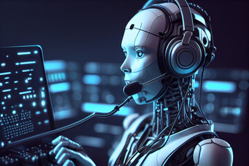 Humanoid AI cyborg working in a call center. generative AI