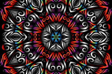 Beautiful caleidoscope symmetrical colourful gradient flowers line art of traditional abstract symbol batik dayak ornament design template elements
