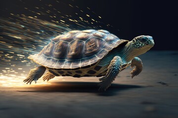 Fototapeta na wymiar Turtle running at lightspeed. Generative AI.