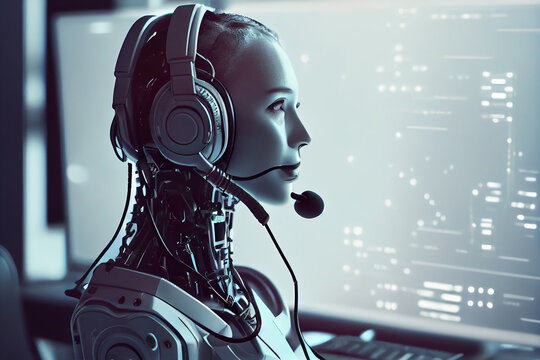 Humanoid AI cyborg working in a call center. generative AI
