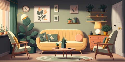 Interior of stylish living room with sofa, armchair and coffee tables. Generative AI