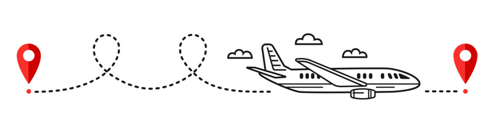 Airplane flight route path, aircraft travel line trace icon. Plane fly way. Air transport move road location tracking. Airliner tourist trip destination. GPS navigation map pin pointer. Outline vector