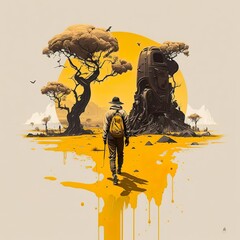 Traveller walking into a futuristic desert