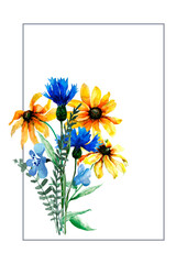 Rectangular floral frame with a blooming bouquet. Composition with yellow chamomile flowers, blue cornflowers. Place for text. Hand drawn watercolor illustration isolated on white background for cards