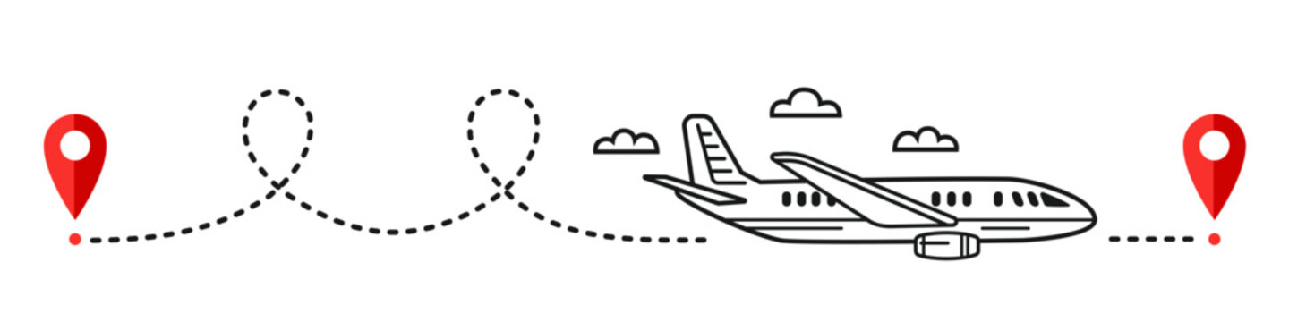 Airplane Flight Route Path, Aircraft Travel Line Trace Icon. Plane Fly Way. Air Transport Move Road Location Tracking. Airliner Tourist Trip Destination. GPS Navigation Map Pin Pointer. Outline Vector