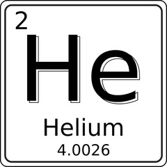 Black and white vector graphic of the symbol of the Helium (He) element on the periodic table of elements. It also contains the atomic number and atomic weight.