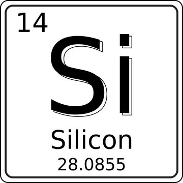 Black and white vector graphic of the symbol of the Silicon (Si) element on the periodic table of elements. It also contains the atomic number and atomic weight.