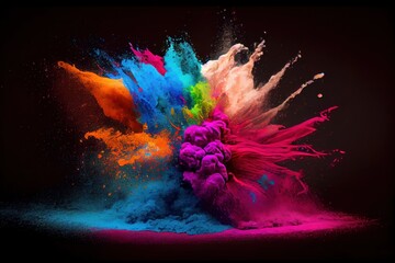Colored powder abstract explosion. Colorful explode. Holi Gulal color powder. Organic traditional Indian paint for Holi festival of colors.
