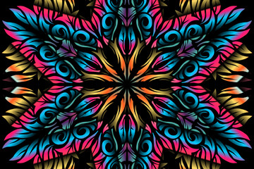 Beautiful caleidoscope symmetrical colourful gradient flowers line art of traditional abstract symbol batik dayak ornament design template elements
