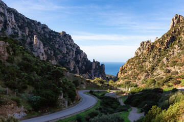 Scenic Highway on the Sea Coast during Sunny Fall Season Day. Sardinia, Italy