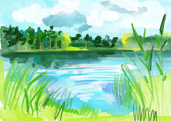 Landscape with a forest lake.  Summer illustration.