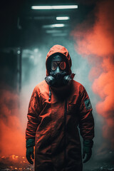 Illustration of a man in orange biohazard protective suit and gas mask in a nuclear factory. Generative AI