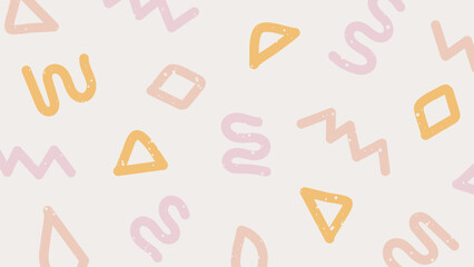 Cute backdrop with various hand drawn abstract shapes, strokes and doodles. Childish pattern in pastel colors. Primitive shapes on beige background. Memphis style banner template