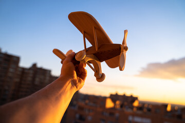 toy airplane concept ecological flight save the planet sunset light