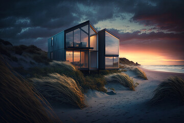 Fototapeta premium Small luxury modern beach house. Beach house. generative ai. Modern architecture. Villa by the sea