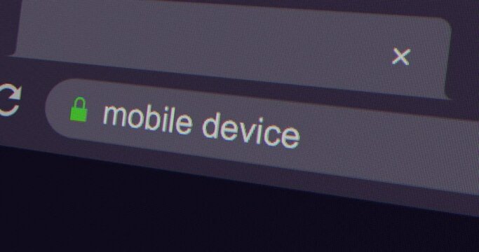 Typing mobile device into address bar search screen animation, screen view of search page 4K resolution