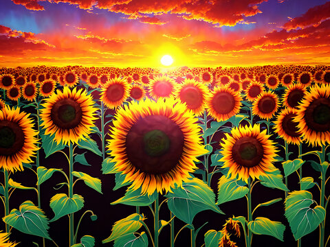 beautiful field of sunflowers illustrative landscape - generative ai image