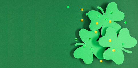 Patrick's Day composition. Holiday decoration for St. Patricks day, clover leaf on green...