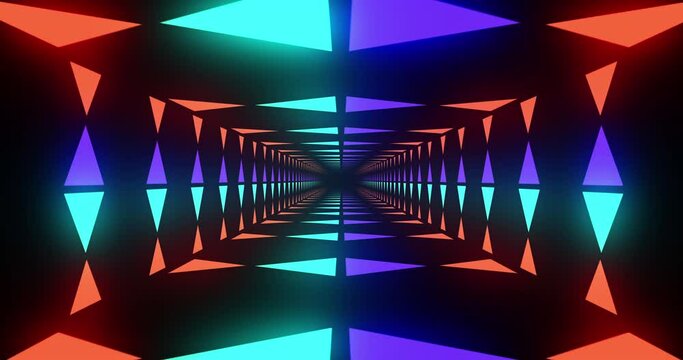 Animation of tunnel of colourful shapes moving over black background