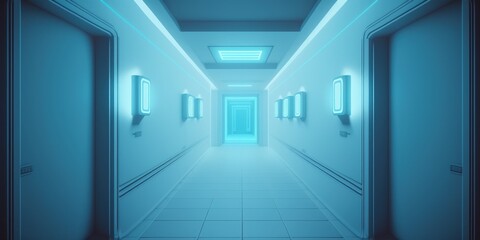 modern, empty light blue studio room Science fiction large hallway with blue lighting, background for design in the future,. Generative AI