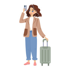 Travelling woman with phone and suitcase. Isolated vector portrait. Travel casual fashion street style girl. Beautiful young lady. - 570072154
