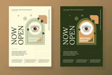 Business flyer graphic design. Vecrical poster. We are open now. Geometric minimalist green brown eco style. Editable light and dark templates - 570072155