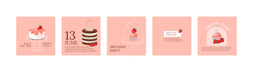 Birthday cake with strawberry and candles on empty white cake stand. Birthday invitation, RCVP, Location icon, party address on pink background. Social media graphic design.  - 570072177