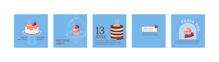 Birthday cake with strawberry and candles on empty white cake stand. Birthday invitation, RCVP, Location icon, party address on blue background. Social media graphic design.  - 570072181