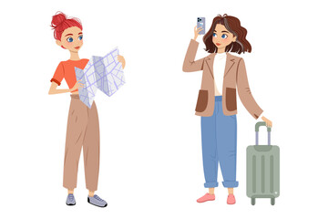 Travelling women with map, phone and suitcase. Isolated vector portrait. Travel fashion street style girl. Beautiful young lady. - 570072191