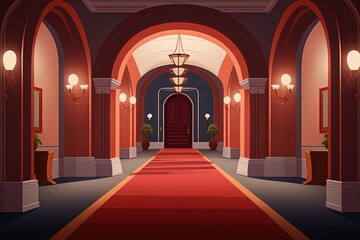 In the performance hall's empty, illuminated corridor, there is a red carpet and holiday décor. important venue for cultural events. Illustration of a luxurious interior. Generative AI