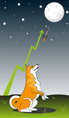 Drawn cute cartoon shiba inu looks at the moon, wants to fly to the moon, a rocket is flying and a green uptrend