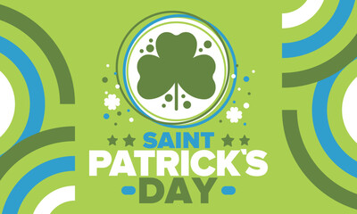 Happy Saint Patricks Day. Traditional irish holiday. Celebrate annual in March 17. Clover and shamrock leaves. Green and orange party design. Ireland color. Poster, card, banner and background. Vector