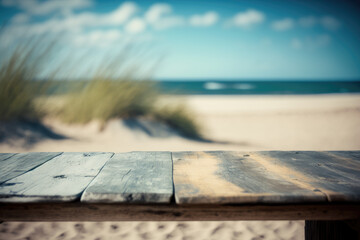 Naklejka na ściany i meble Empty wooden table with beach background blurred