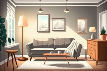 Interior of living room modern style with grey fabric sofa,wooden side table and white ceiling lamp on wooden floor. Generative AI