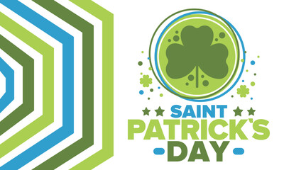 Happy Saint Patricks Day. Traditional irish holiday. Celebrate annual in March 17. Clover and shamrock leaves. Green and orange party design. Ireland color. Poster, card, banner and background. Vector