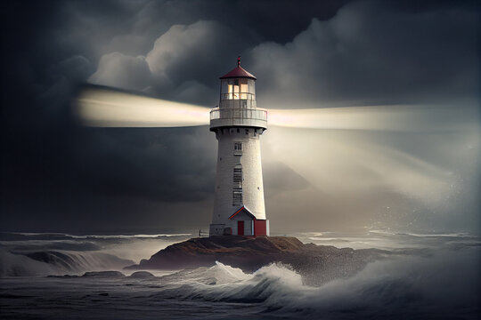 Beautiful night sky behind a shining lighthouse during a storm and thunderstorm with lightning