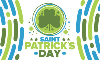 Happy Saint Patricks Day. Traditional irish holiday. Celebrate annual in March 17. Clover and shamrock leaves. Green and orange party design. Ireland color. Poster, card, banner and background. Vector