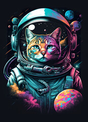 Astronaut cat in space in neon colors. Fun t-shirt print. Generative AI