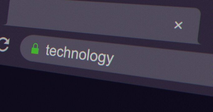 Typing technology into address bar search screen animation, screen view of search page 4K resolution