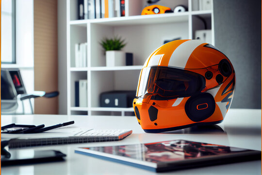 Orange with white and pastel orange stripes motorcycle helmet with opened visor
