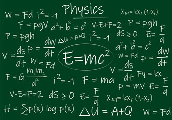 E equal to mc square and physics equations on the green board vector illustration