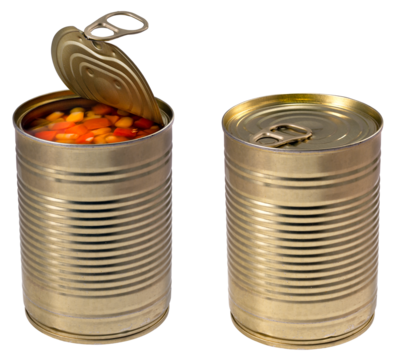 Metal can with vegetables. Food with a long expiration date. Isolated background.