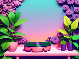 still life with flowers and turntable