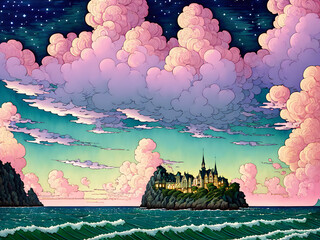 landscape with castle and fluffy clouds
