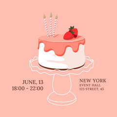 Birthday cake with strawberry and candles on empty white cake stand. Birthday invitation, RCVP on pink background. Social media graphic design.  - 570076199