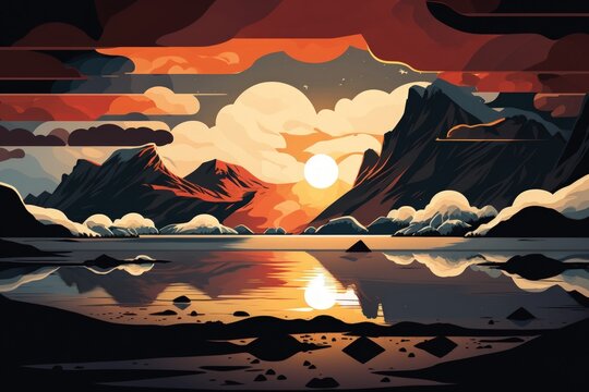 Norway's cloudy landscape Northern Soroya Midnight Sun Arctic Sunset. Generative AI