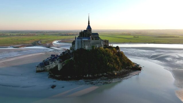 Aerial view of Mont Saint Michel, a tidal island and mainland commune in Normandy, France.  in Normandy, France.