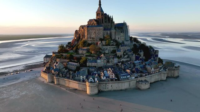 Aerial view of Mont Saint Michel, a tidal island and mainland commune in Normandy, France.  in Normandy, France.